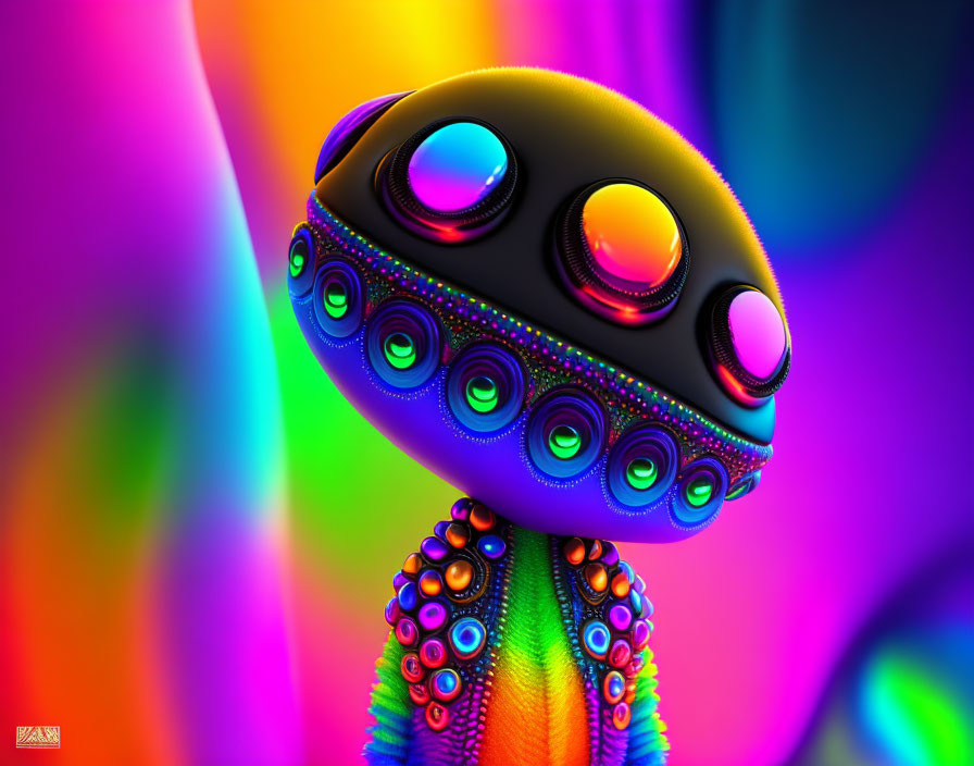 Vibrant digital art of alien with oval head and iridescent circles