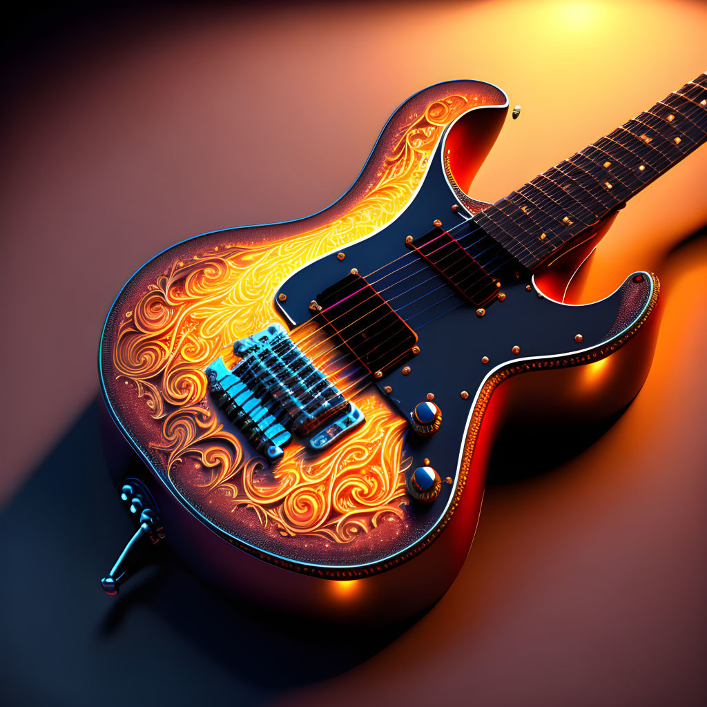 Intricate fiery pattern electric guitar on warm gradient background