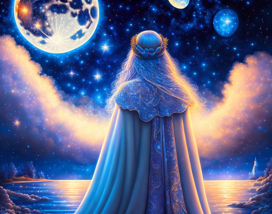 Figure in Star-Patterned Cloak Staring at Moon and Planets