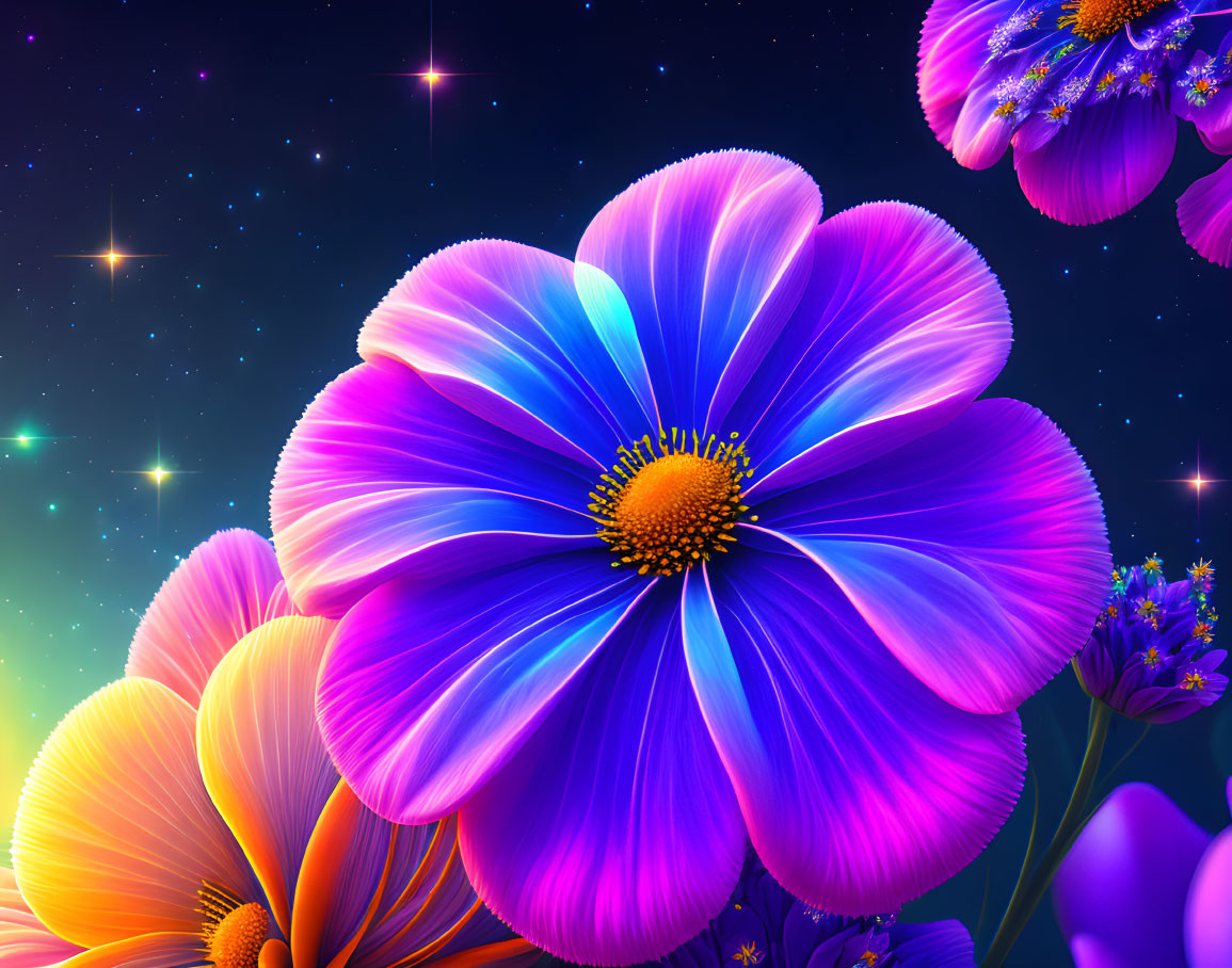 Colorful cosmic flowers in digital art with blue and purple petals and yellow centers on a starry space