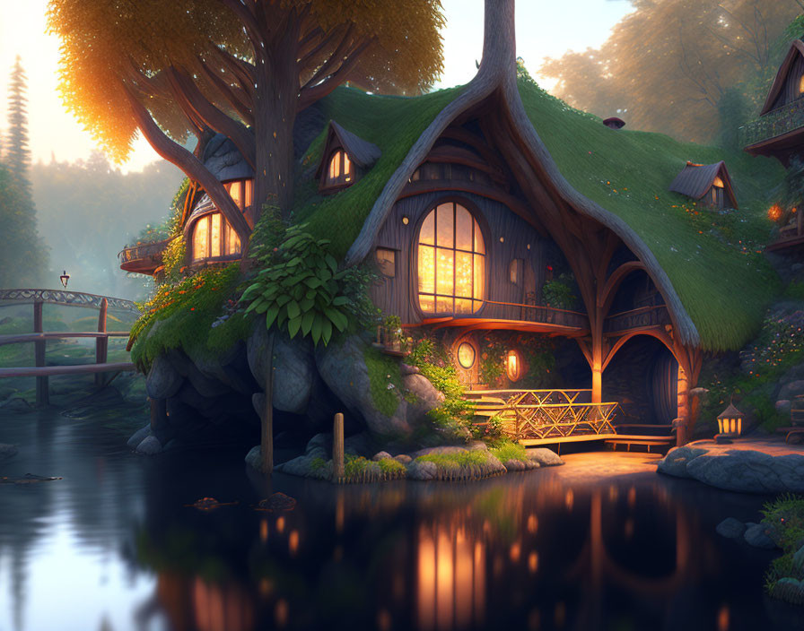 Enchanting treehouse with thatched roof by serene pond at sunset