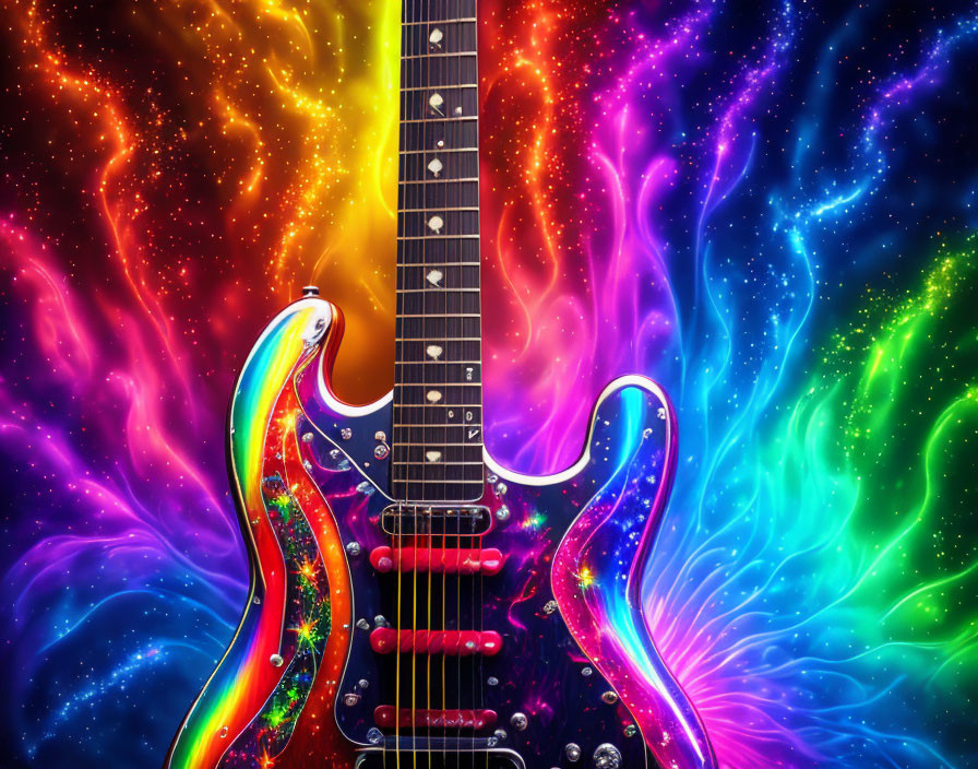 Colorful Electric Guitar Illustration with Cosmic Nebula Background