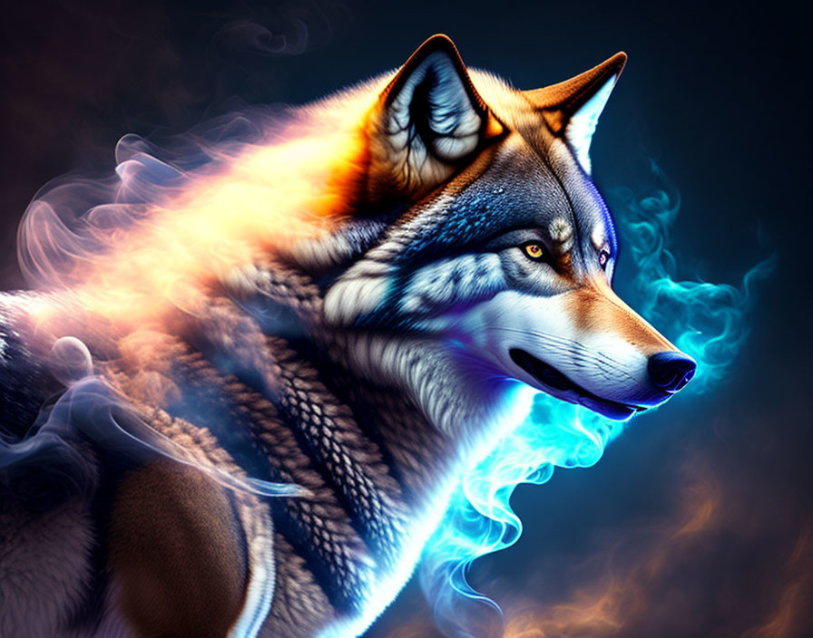Vibrant digital artwork: Wolf with luminous blue eyes in swirling mist.
