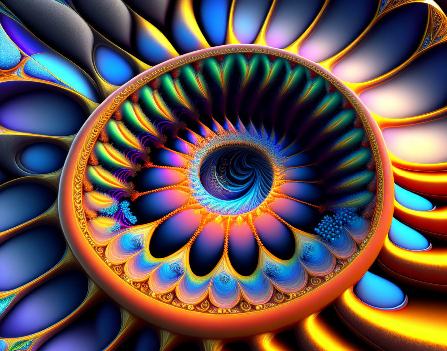 Colorful Fractal Art: Spiral Pattern in Blue, Orange & Purple