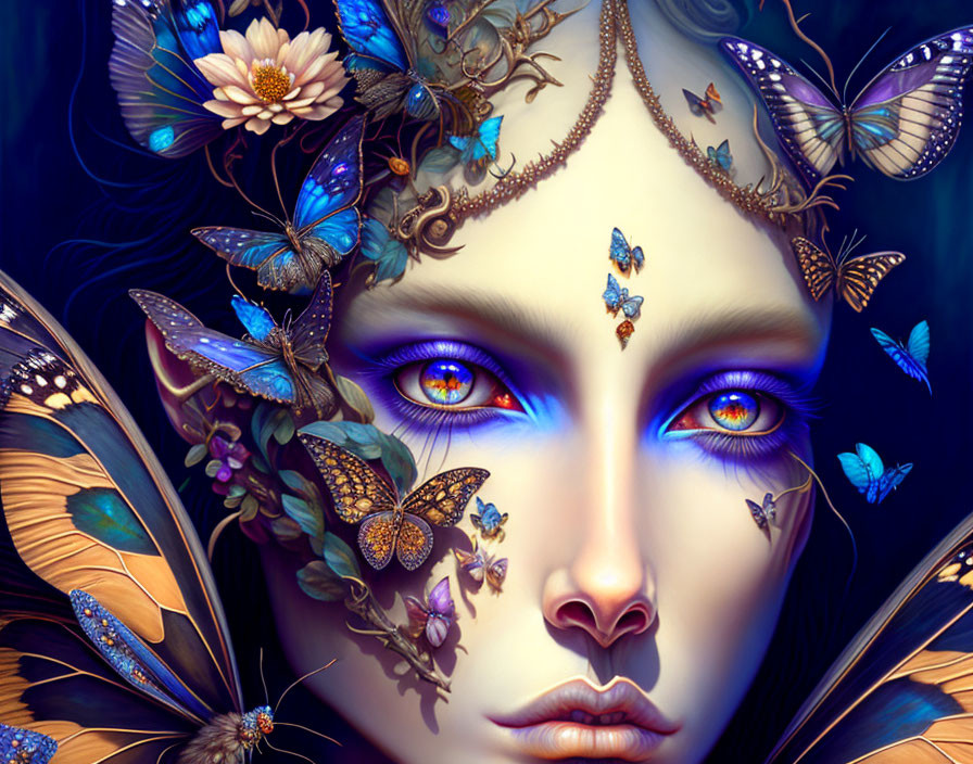 Vibrant blue-eyed person surrounded by butterflies and flowers