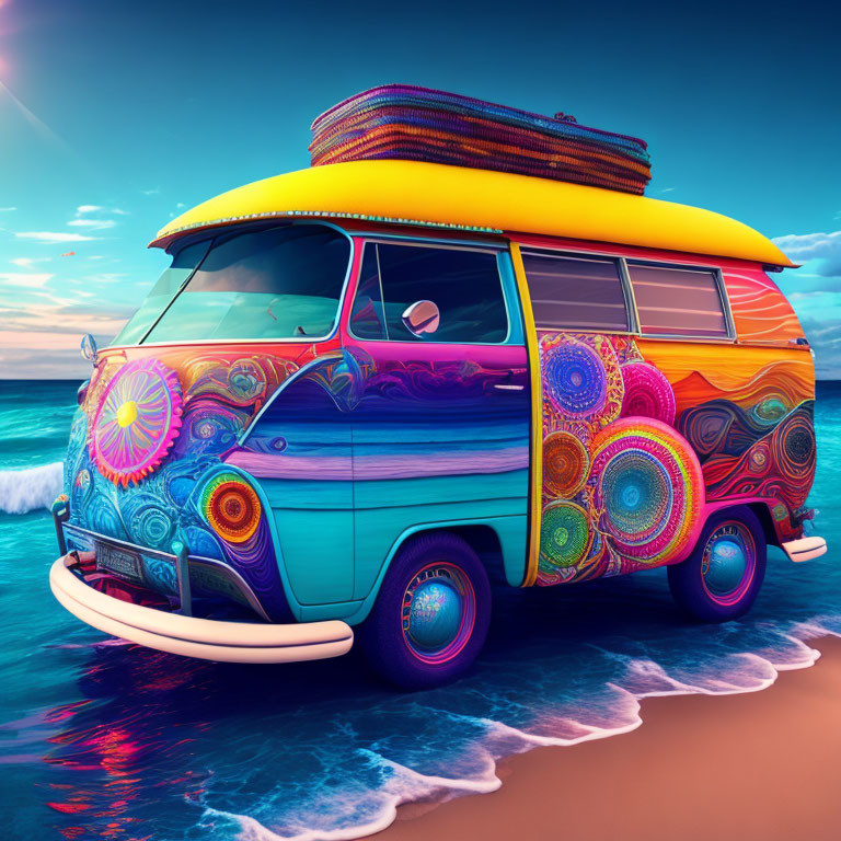Colorful Psychedelic-Patterned Van with Surfboards at Sunset Beach