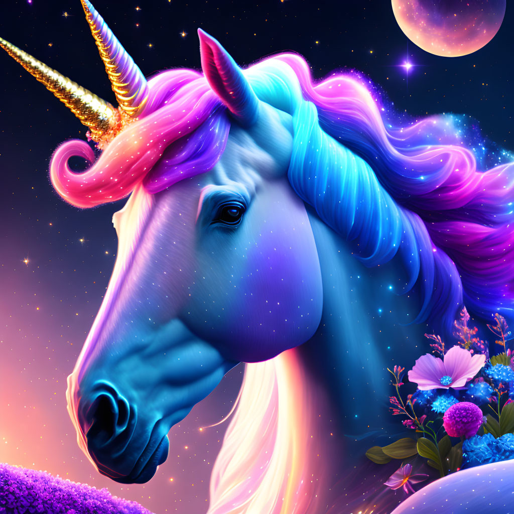 Colorful unicorn illustration in pastel tones under starry night sky.