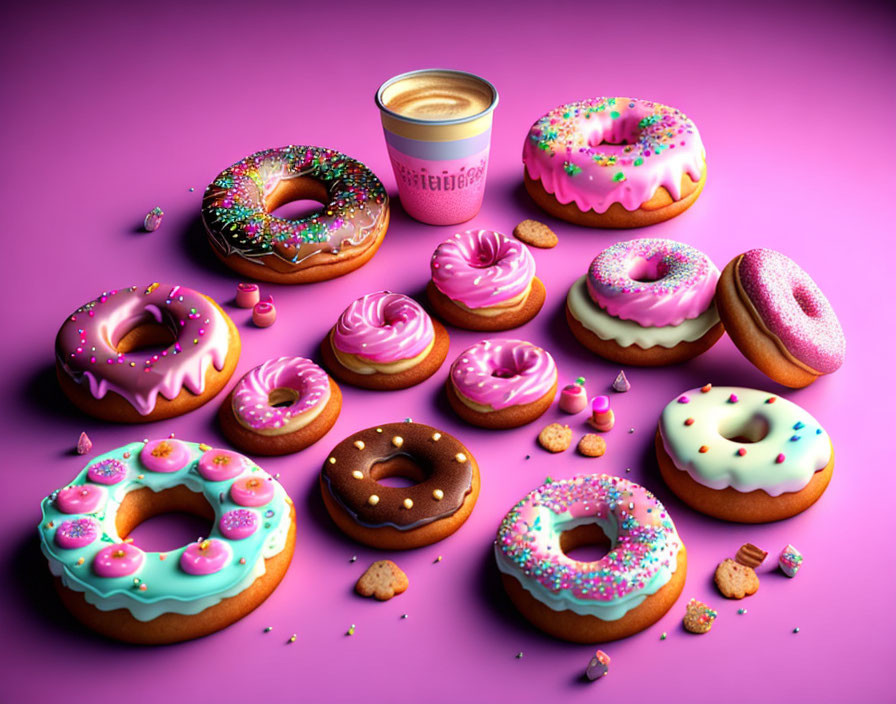 Colorful Sprinkled Donuts and Coffee Cup on Pink Background