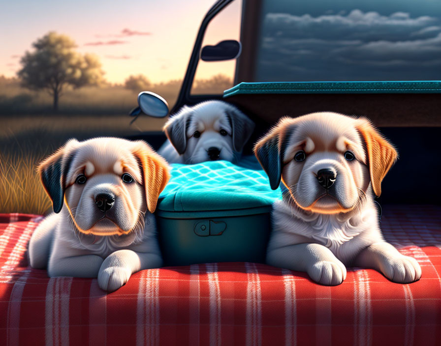 Three cute puppies with blue suitcase on red blanket at sunset