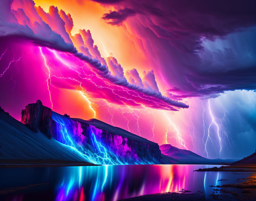 Dramatic purple and orange sky with lightning over serene lake