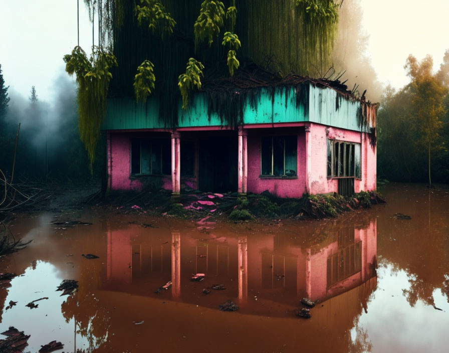 Overgrown pink house with teal roof in foggy woodland reflection