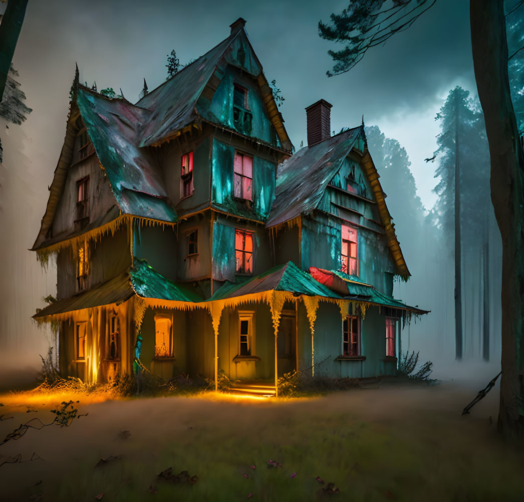 Abandoned two-story house in misty forest at night