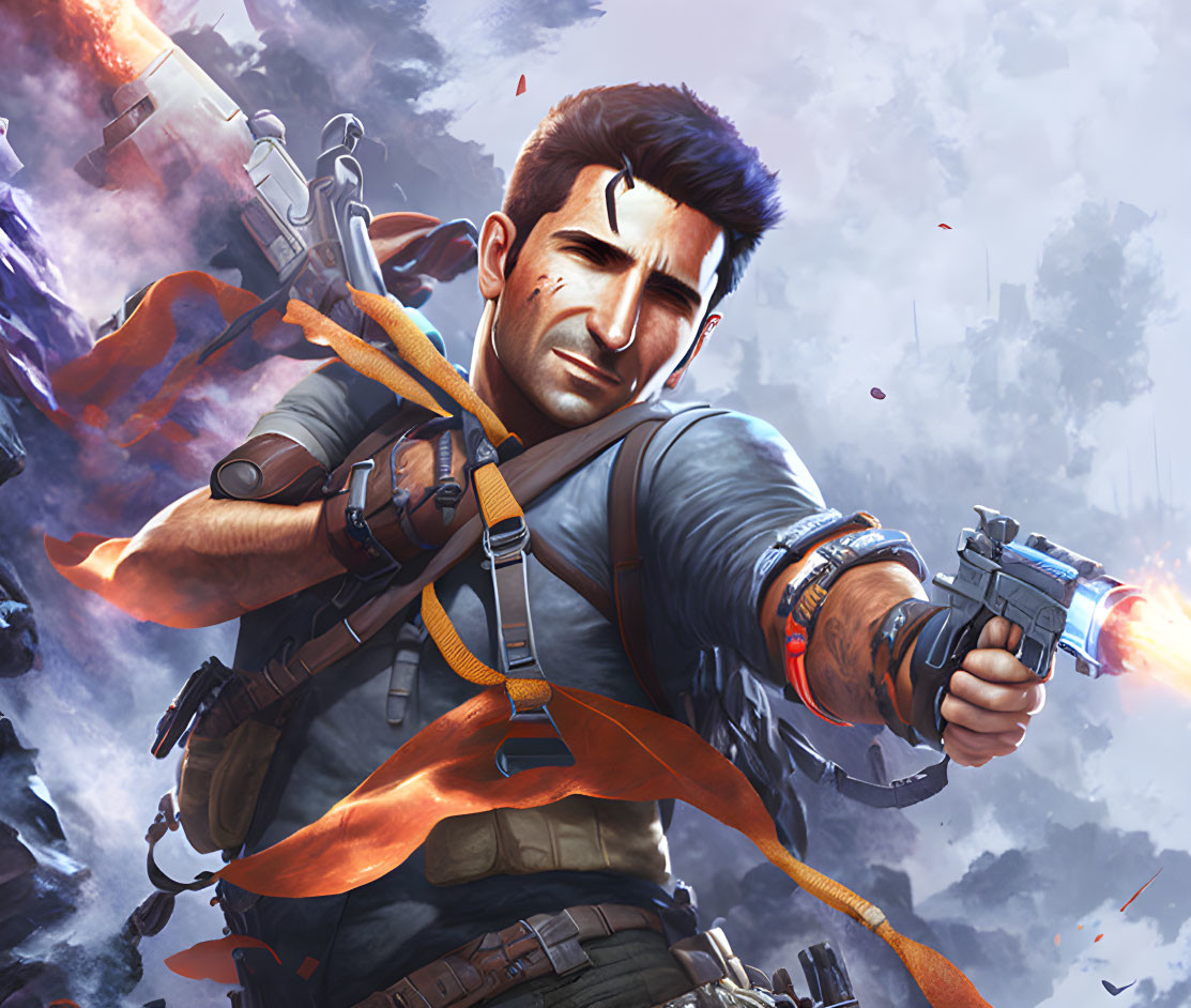 Rugged male character with small beard wielding dual pistols in chaotic battlefield.