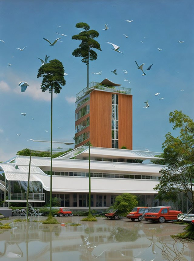 Contemporary building with wooden tower, greenery, birds, and water reflection