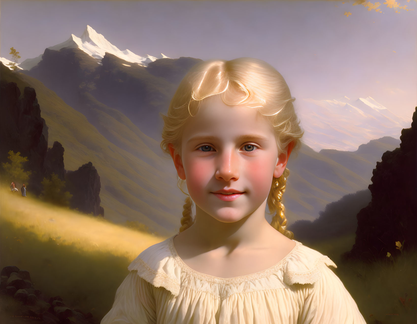 Blonde girl in cream dress smiling with mountain backdrop