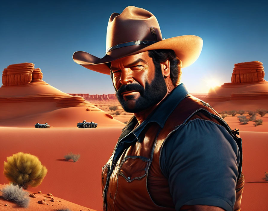 Rugged man with mustache in cowboy hat in desert setting