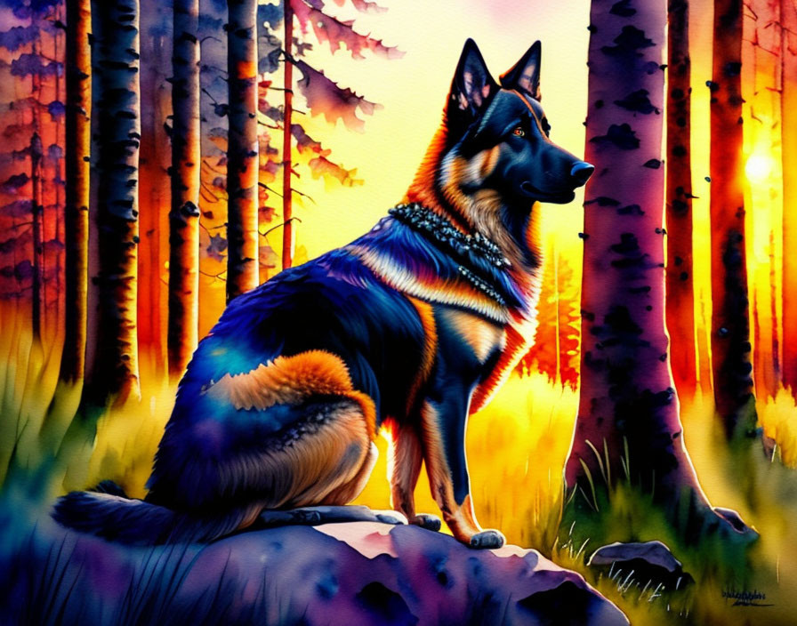 German Shepherd Dog Sitting on Rock in Colorful Forest Sunset
