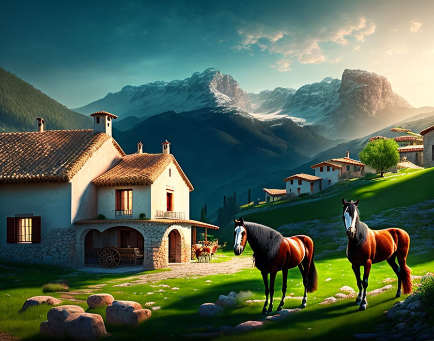 Rural Landscape with Horses, Stone Cottages, and Mountains