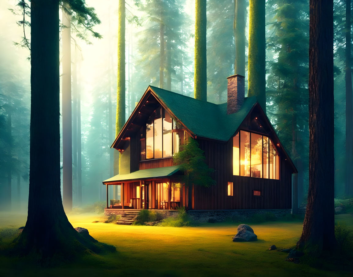 Misty forest scene with cozy house and glowing windows