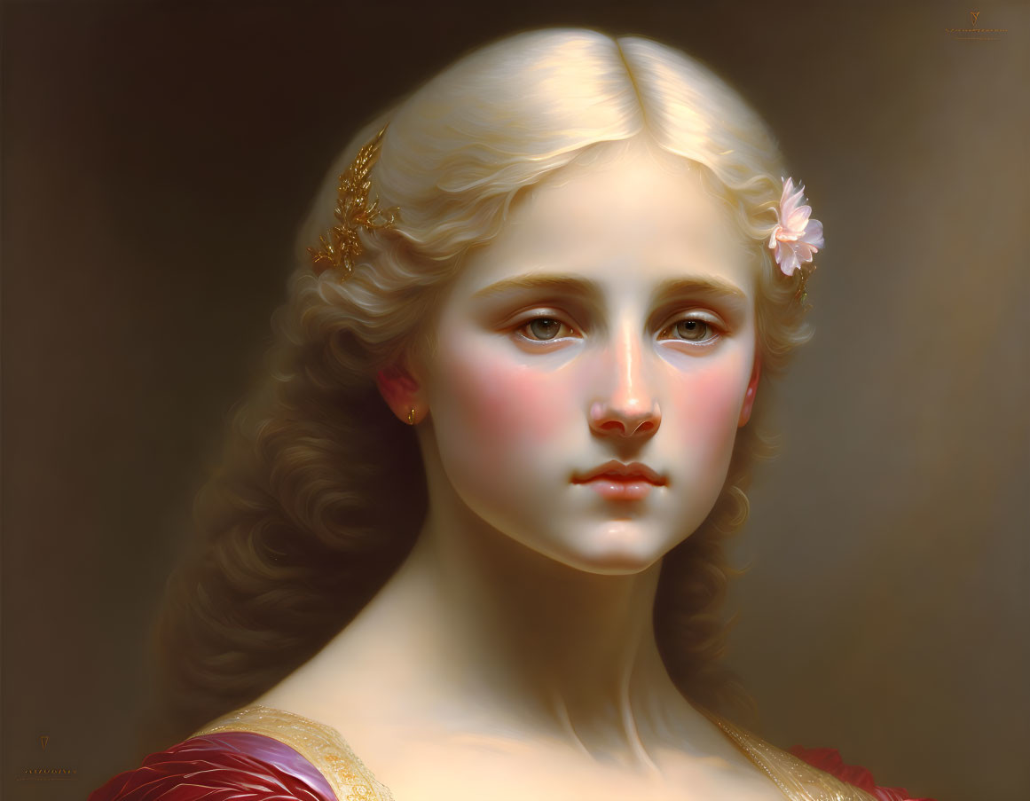 Young woman with golden hair in red dress and flower - ethereal portrait