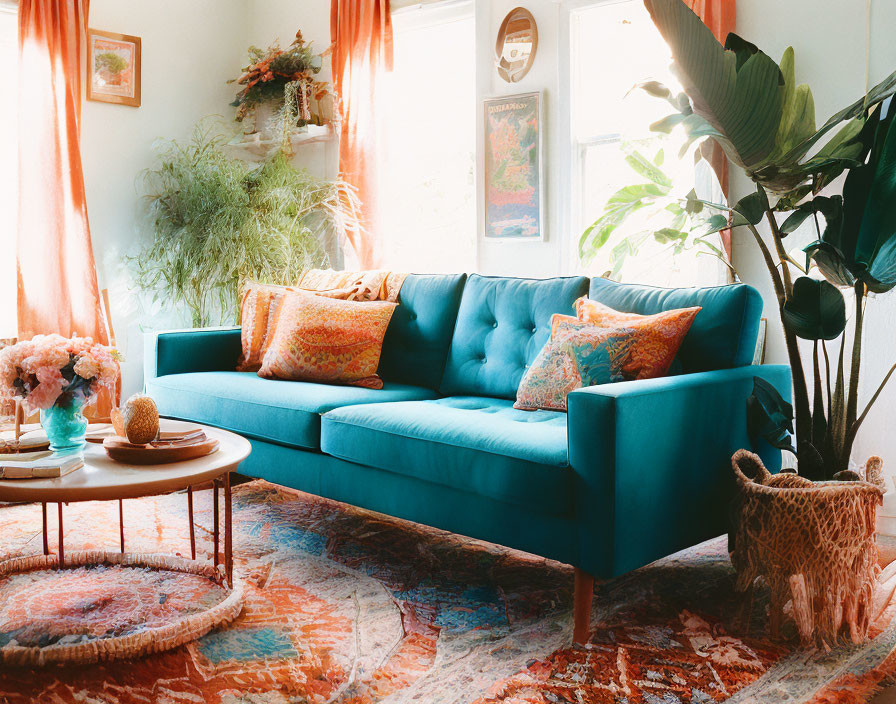 Teal sofa with colorful cushions in cozy living room