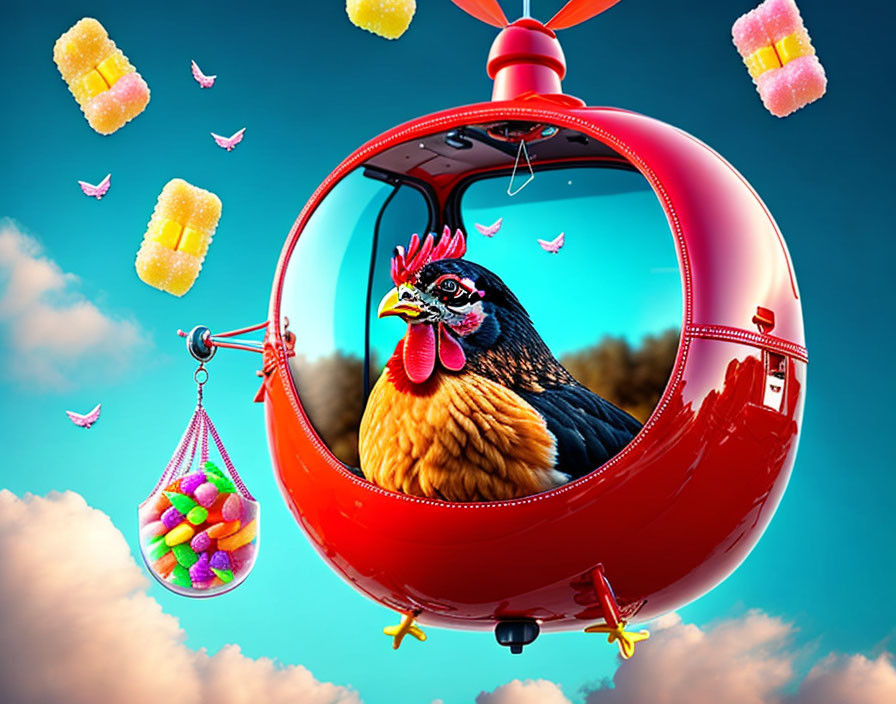 Whimsical chicken in red helicopter with gummy bears and candy against blue sky