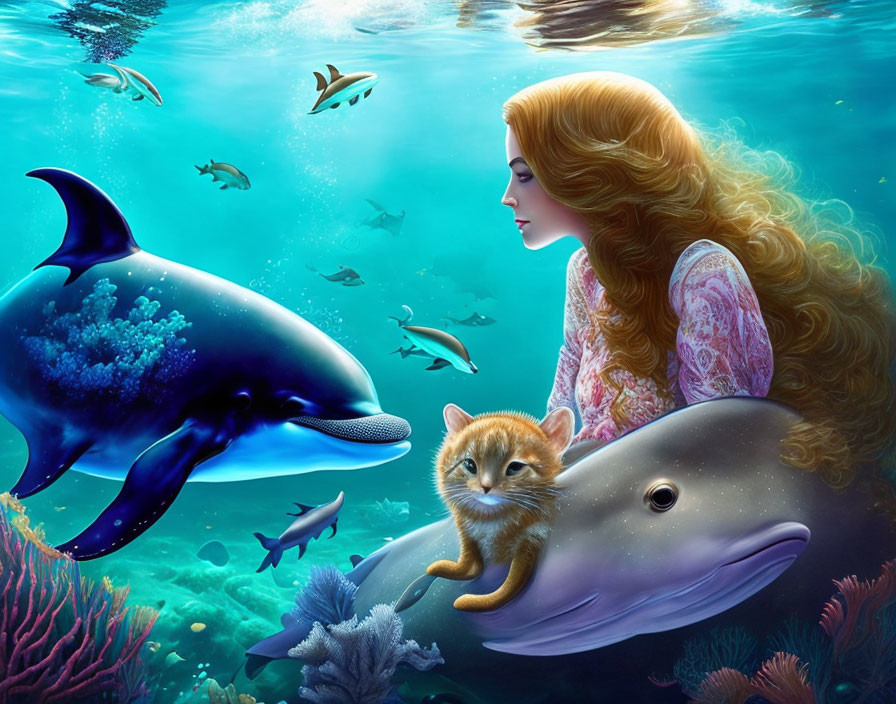 Woman with Long Red Hair Surrounded by Underwater Wildlife and Coral Reefs