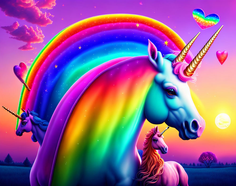 Colorful Unicorn Illustration with Rainbow, Heart-shaped Stars, and Purple Sky