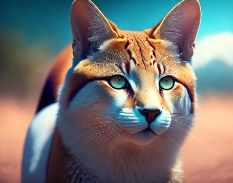 Digitally enhanced orange tabby cat with vivid blue eyes in close-up shot