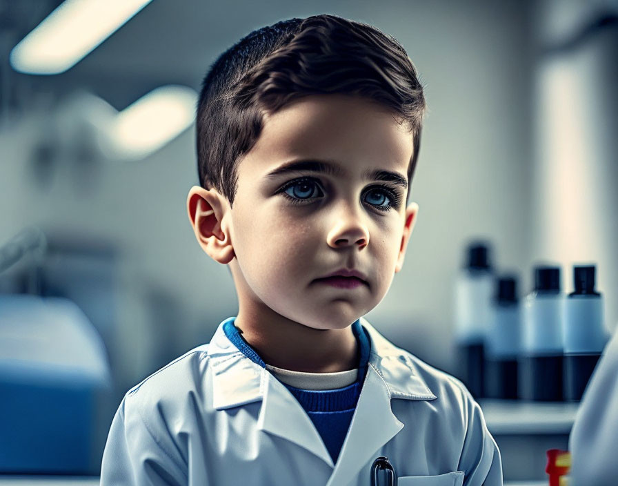 Young boy in white lab coat standing in laboratory setting with equipment, looking thoughtful.