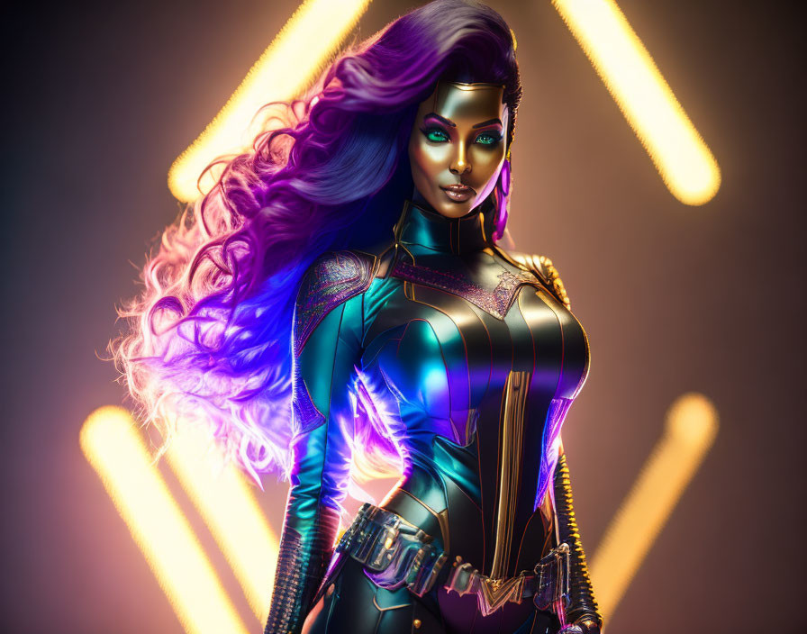 Superheroine with Purple Hair in Metallic Suit and Neon Lights