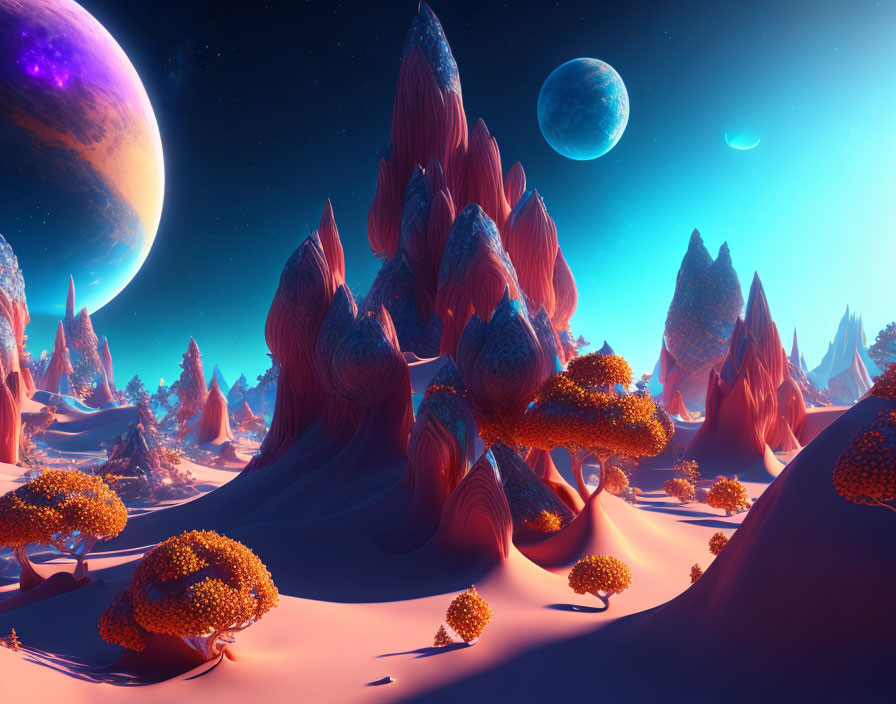 Alien landscape with towering rocks, orange foliage, two moons in the sky