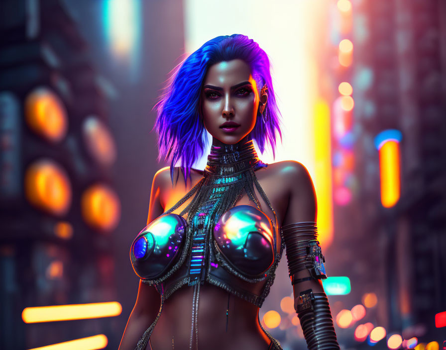 Futuristic woman with blue and purple hair in metallic clothing and cybernetic enhancements against neon-l