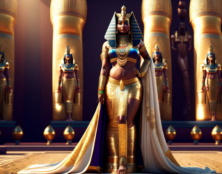 Regal figure in ancient Egyptian-style garb with golden statues in luxurious hall