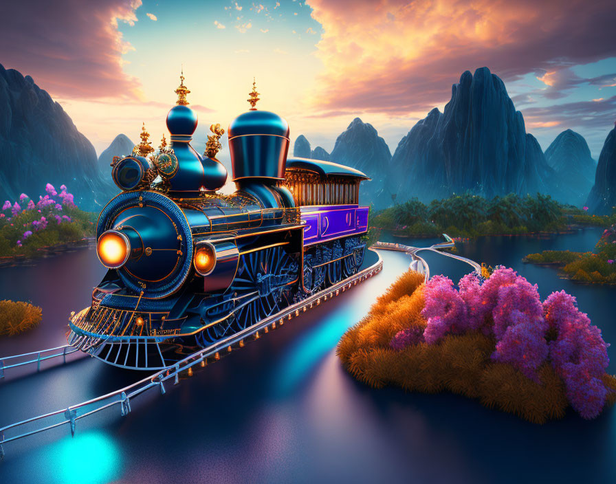Colorful ornate train in fantastical landscape with twilight sky