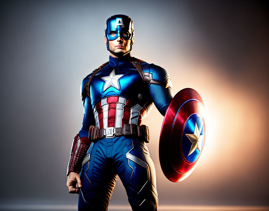 Person in Captain America costume holding shield on gradient background