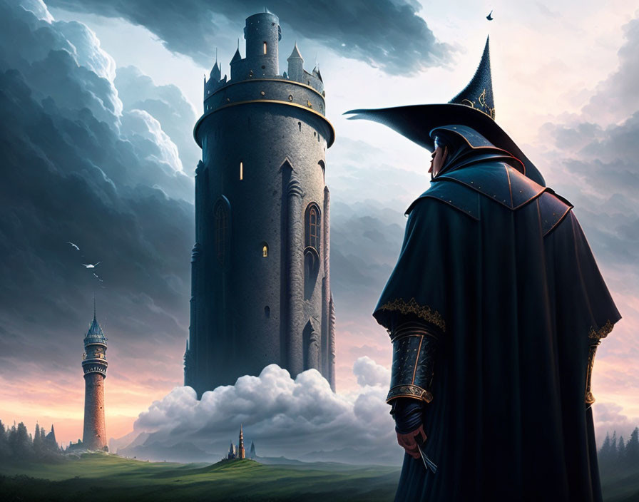 Cloaked Figure Looks at Towering Castle in Fantasy Scene