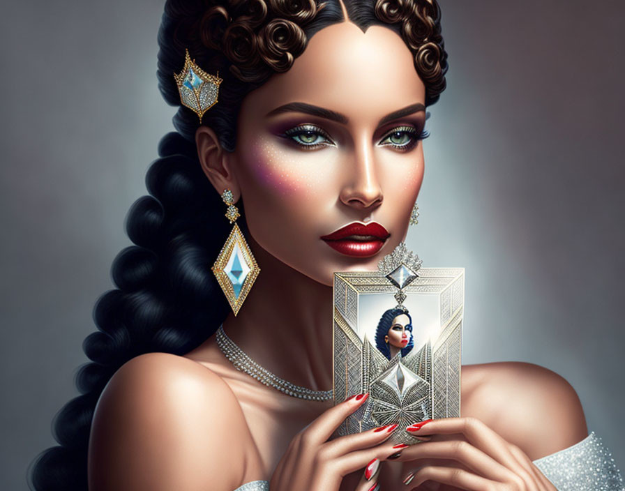 Illustrated woman with art deco makeup and jewelry holding reflective card