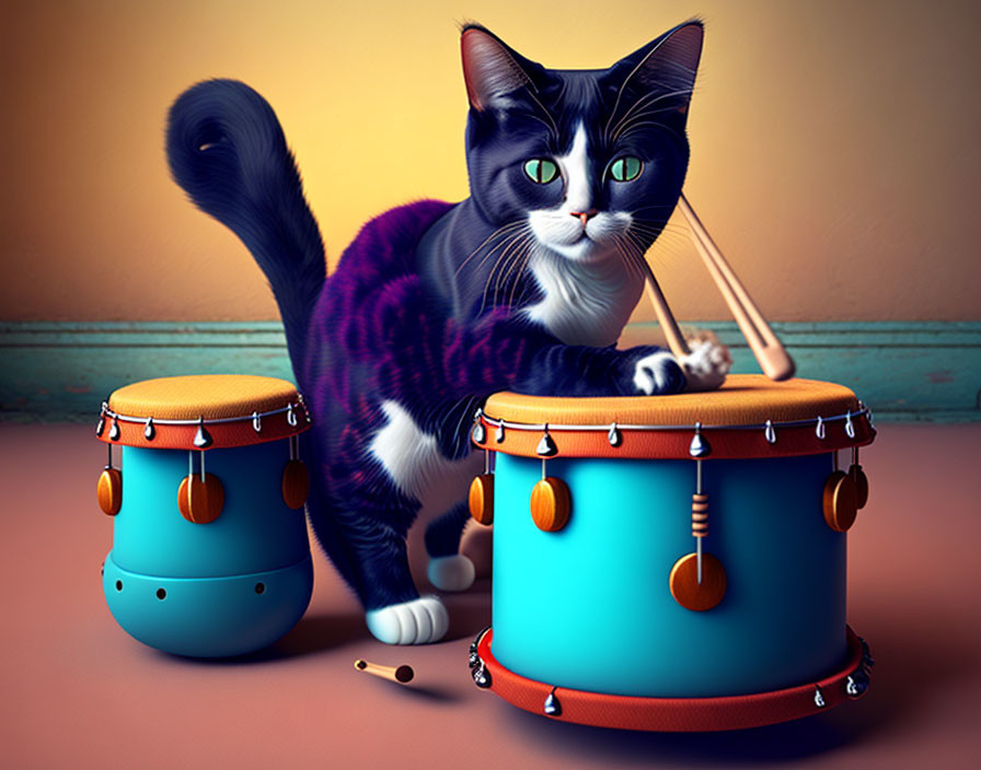 Digital image of black and white cat playing blue drum set