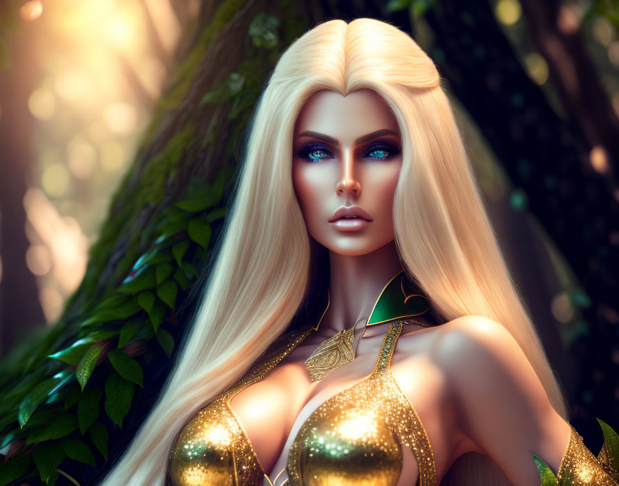 Blond woman in golden outfit by tree with sunlight.