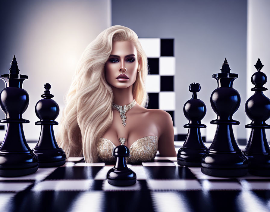 Blonde woman posing as queen on chessboard with chess pieces