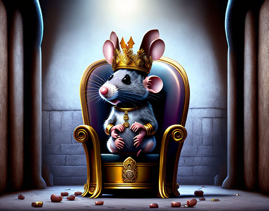 Regal animated mouse king on grand throne in dimly lit room