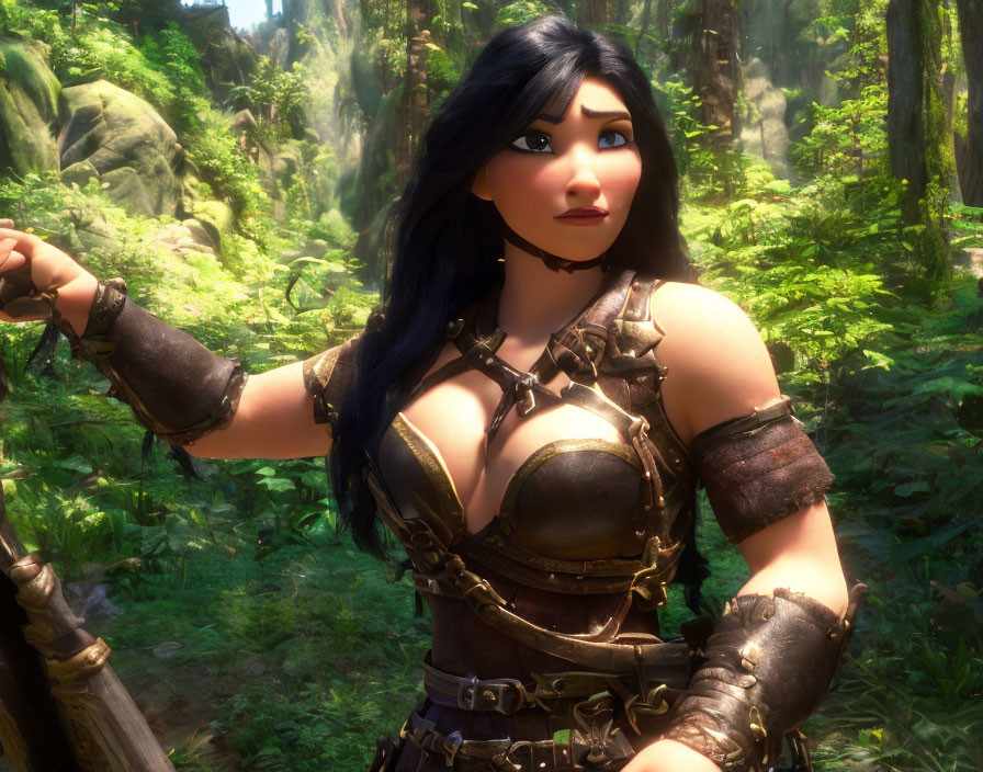 3D animated female character in black hair and armor exploring lush forest