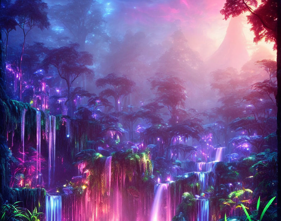 Ethereal forest with neon flora, waterfalls, and mystical mountain