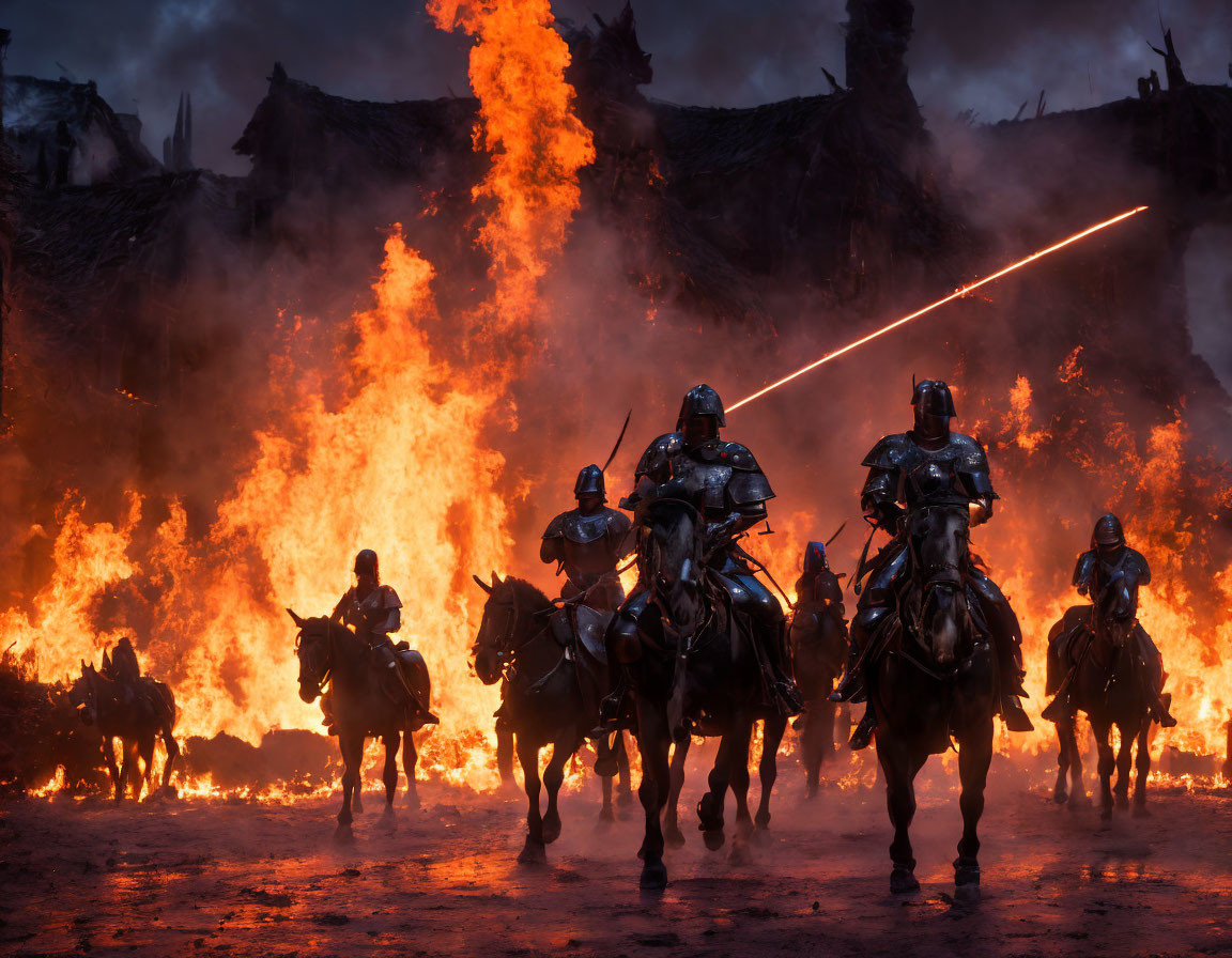Armored knights on horseback amidst fiery destruction and a red beam.