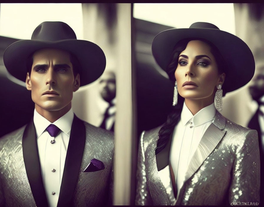 Vintage-inspired formal attire: Man and woman mirror-like posing.