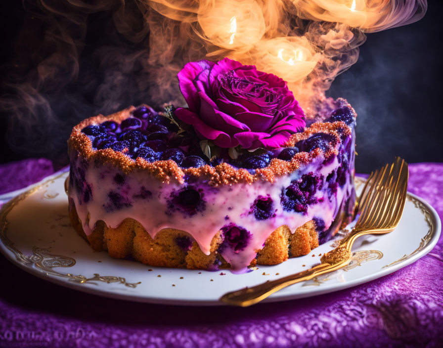 Blueberry Cake with Purple Icing and Rose on Ornate Plate