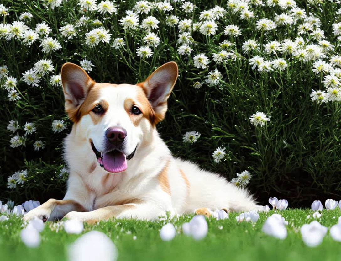 Smiling dog on lush green meadow with white flowers under bright sky