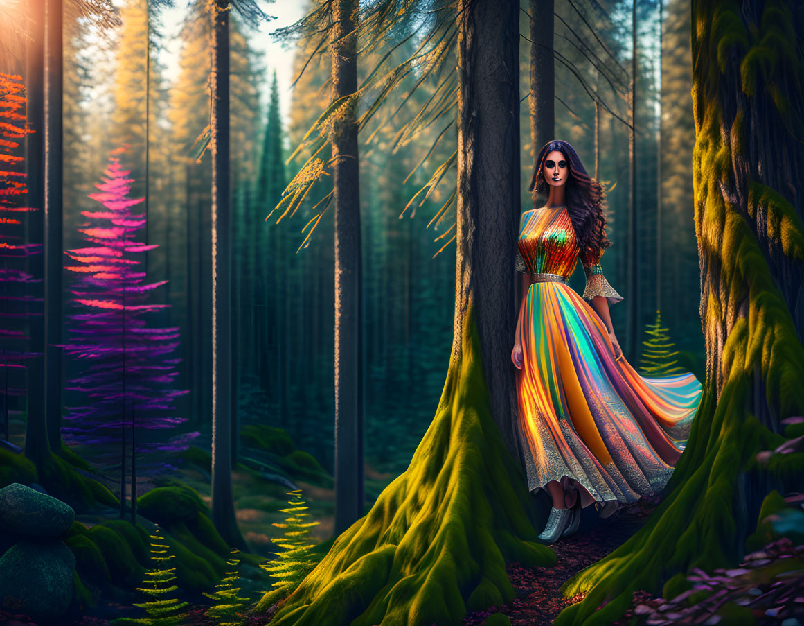 Colorful Woman in Mystic Forest with Vibrant Trees