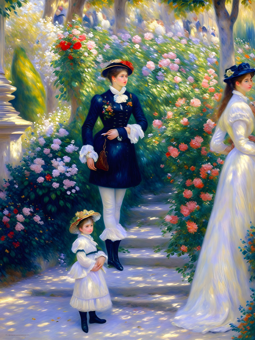 Three individuals in vintage attire walking in lush garden with blooming flowers
